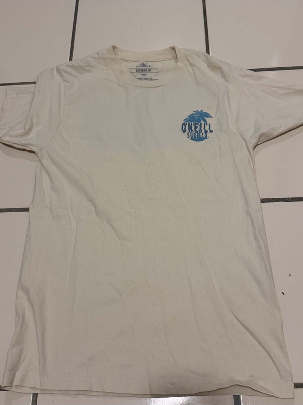 O'Neill Men's Cream Short-Sleeve Tee with Blue Palm Logo